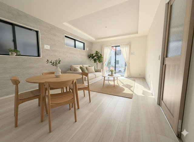 流山市西平井1丁目　新築戸建　全2棟　2号棟の居間・リビング|現況の物件写真にCGによる画像処理を行っています。家具、家電、小物、カーテン等はイメージはCGです。