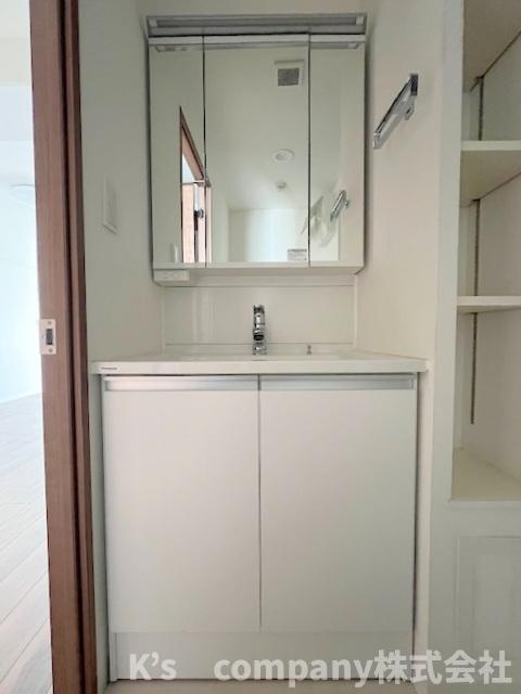 ■高座郡寒川町一之宮7丁目　ソフィア茅ヶ崎D号棟の独立洗面台|三面鏡の内側には小物収納が充実しています◇