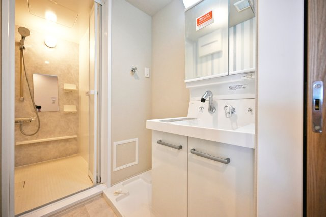 シャルム野中南公園の独立洗面台|鏡裏の収納スペースにはスキンケア化粧品等の小物を、洗面ボウル下には洗剤やタオルなどを収納できます。