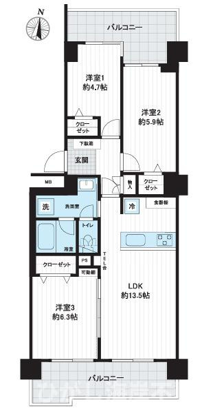 茅ヶ崎グランドハイツＣ棟の間取り|南向き　３LDK
