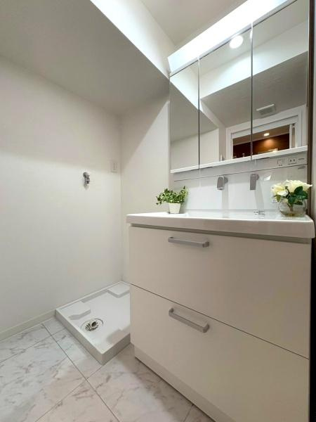 若葉台団地１・３号棟の独立洗面台|明るい洗面室で三面鏡で収納ができます！