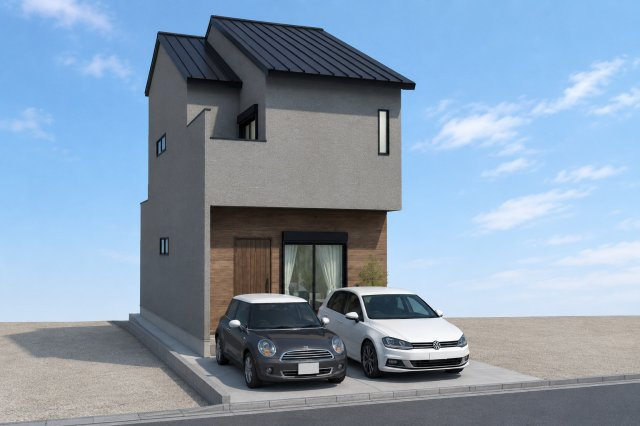 上桂前田町　新築参考Aプランの外観パース|【Aプラン外観イメージパース】
外観や内装など細部までこだわった理想の住空間に。※本パース図はイメージの為、実際の仕上がりとは多少異なる場合がございます。（Aプラン84.45㎡、建物価格1899万円）