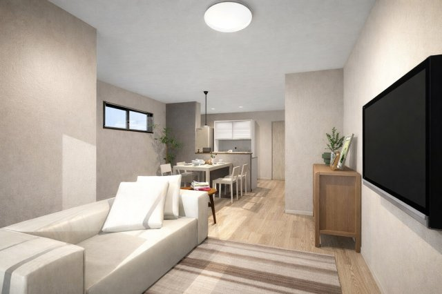 上桂前田町　新築参考Aプランの完成予想図|【リビングイメージパース】
家具配置の参考にもなるイメージパース図です。お部屋の広さや雰囲気のイメージが膨らみますね♪（新築参考Aプラン84.45㎡、建物価格1699万円）