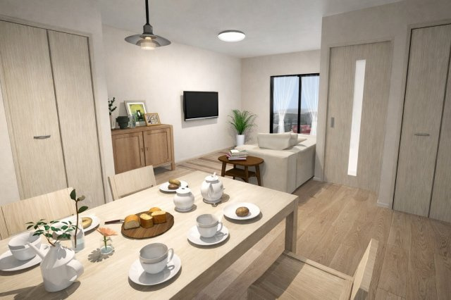 上桂前田町　新築参考Aプランの完成予想図|【リビングイメージパース】
奥行きあるリビングは、ソファーを置いて家族団らんや、お気に入りのダイニングテーブルで楽しくお食事が楽しめます！（新築参考Aプラン84.45㎡、建物価格1699万円）