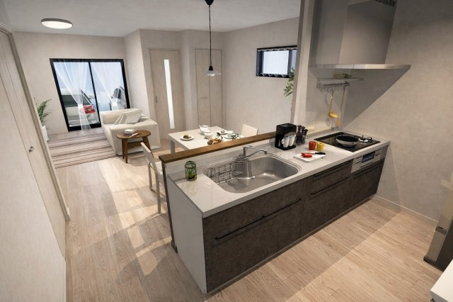 上桂前田町　新築参考Aプランの完成予想図|【リビングイメージパース】
正面に遮るものがない対面キッチン。お料理中もリビングにいるご家族の様子を近くに感じられます♪（新築参考Aプラン84.45㎡、建物価格1699万円）