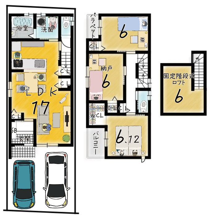 上桂前田町　新築参考Aプランの土地図＋建物プラン例|建築期間が設けられていない建築条件無土地は、お家の設計をじっくりこだわれ、理想の住まいを慎重に計画できるのが魅力！