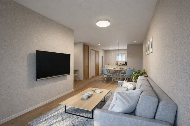 上桂前田町　新築参考Bプランの外観パース|【リビングイメージパース】
家具配置の参考にもなるイメージパース図です。お部屋の広さや雰囲気のイメージが膨らみますね♪（新築参考Bプラン88.29㎡、建物価格1850万円）