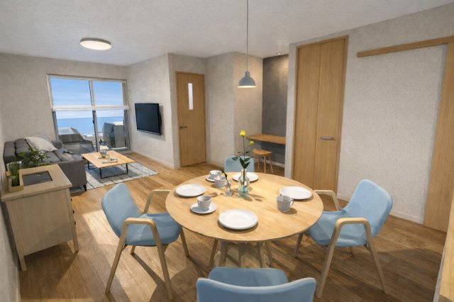 上桂前田町　新築参考Bプランの完成予想図|【リビングイメージパース】
奥行きあるリビングは、ソファーを置いて家族団らんや、お気に入りのダイニングテーブルで楽しくお食事が楽しめます！（新築参考Bプラン88.29㎡、建物価格1850万円）