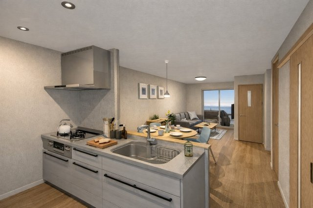 上桂前田町　新築参考Bプランの外観パース|【リビングイメージパース】
正面に遮るものがない対面キッチン。お料理中もリビングにいるご家族の様子を近くに感じられます♪（新築参考Bプラン88.29㎡、建物価格1850万円）