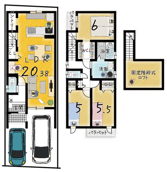 上桂前田町　新築参考Bプランの土地図＋建物プラン例|建築期間が設けられていない建築条件無土地は、お家の設計をじっくりこだわれ、理想の住まいを慎重に計画できるのが魅力！