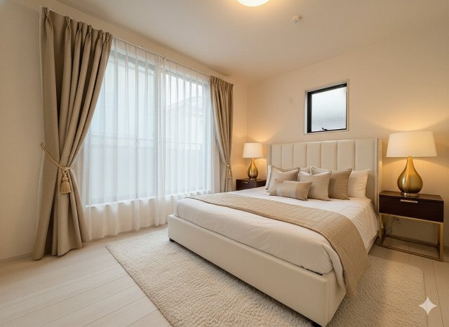 八潮市木曽根　新築戸建　全1棟の寝室|現況の物件写真にCGによる画像処理を行っています。家具、家電、小物、カーテン等はイメージはCGです。