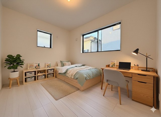 八潮市木曽根　新築戸建　全1棟の子供部屋|現況の物件写真にCGによる画像処理を行っています。家具、家電、小物、カーテン等はイメージはCGです。