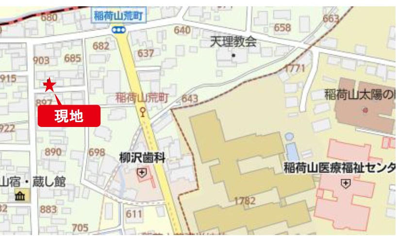 千曲市稲荷山の地図|最寄りバス停歩まで徒歩約2分とバスアクセスの良い立地