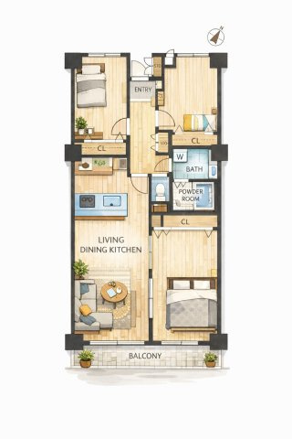 ソフィア上尾B棟の間取り|光あふれるLDKで家族時間がもっと豊かに。全室収納＋バルコニー付き、暮らしやすさが詰まった3LDK。
■こちらの物件が気になった方は0120－655－620までご連絡下さい。