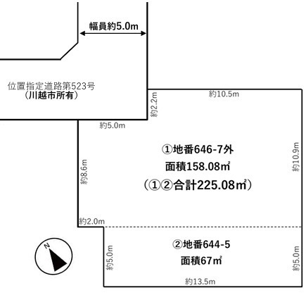 川越市山田　建築条件なし売地　西武新宿線『本川越駅』バス8分　【山田小学区】の土地図