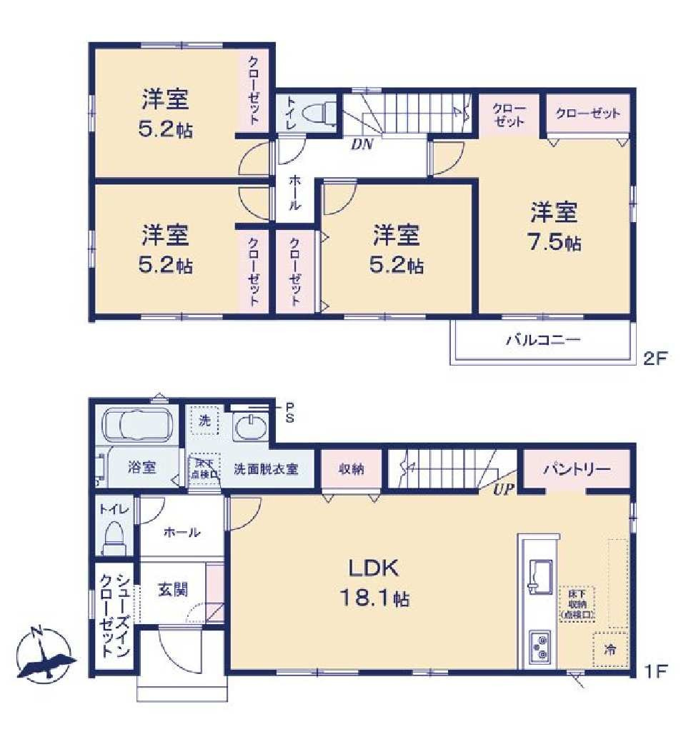 新築　前橋市北代田町1期　1号棟の間取り|建物面積104.33㎡　広々18.1帖のLDK！シューズインクローク・嬉しいパントリ―・各部屋収納付きで便利です！日当たりの良いバルコニーはお洗濯物もよく乾きそうです◎
						

