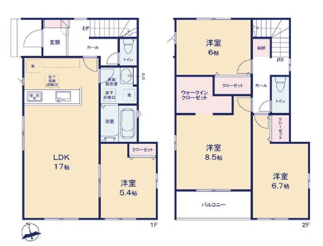 新築　前橋市北代田町1期　2号棟の間取り|建物面積104.33㎡　ウォークインクローゼット・各部屋収納付きで便利です！日当たりの良いバルコニーはお洗濯物もよく乾きそうです◎
						
