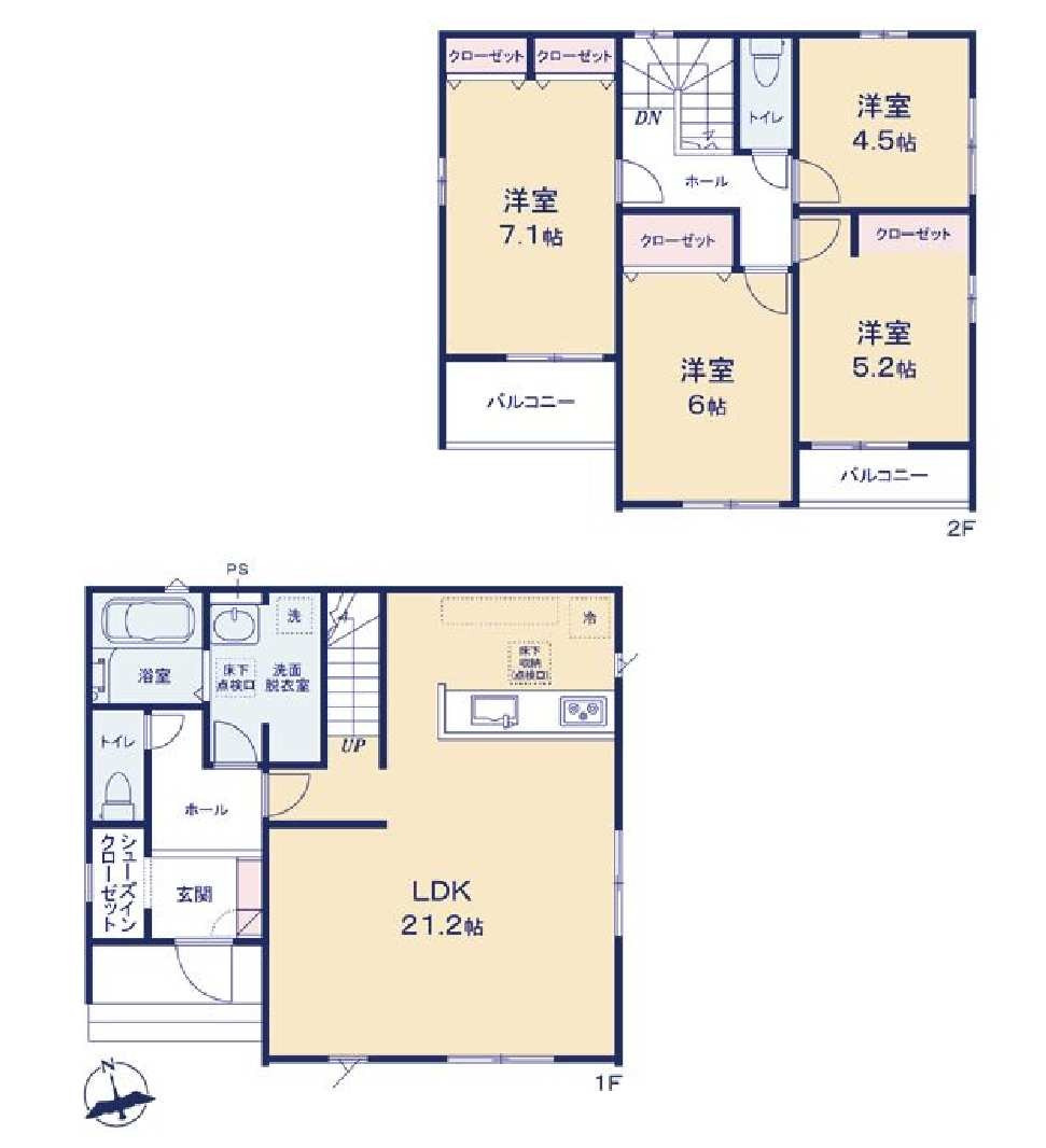 新築　前橋市北代田町1期　3号棟の間取り|建物面積㎡　広々21.2帖のLDK♪シューズインクローク・各部屋収納付きで便利です！日当たりの良いバルコニーはお洗濯物もよく乾きそうです◎
						
