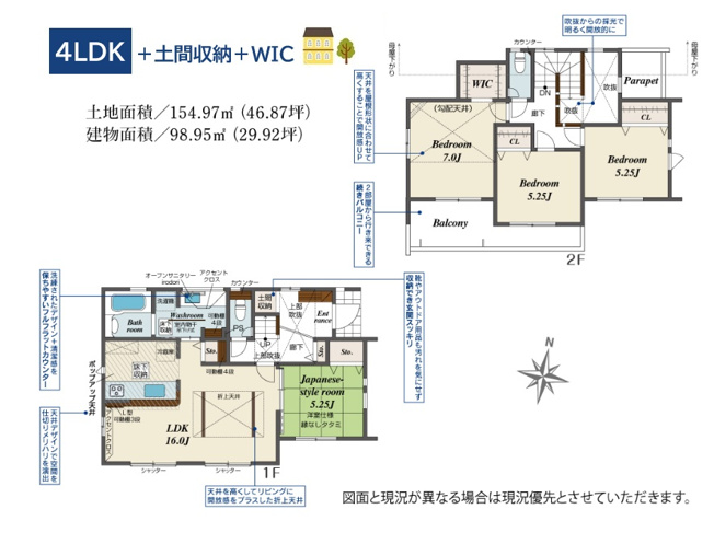 【間取り】 | 季節を問わず陽当たりをしっかり確保できる全室南向き！　　　　
あると便利な玄関「土間収納」に主寝室に「WIC」を備えた収納豊富なプラン♪