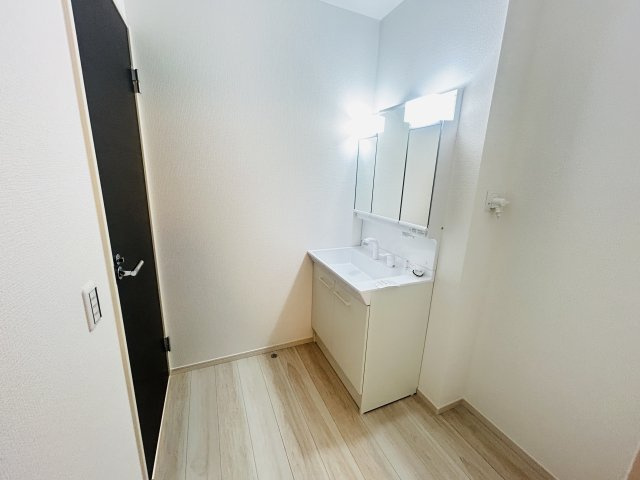 新築　前橋市北代田町2期　1号棟の独立洗面台|現地写真　シャワー付きの洗面台は忙しい朝でも身支度を整えるのにとても便利◎							
