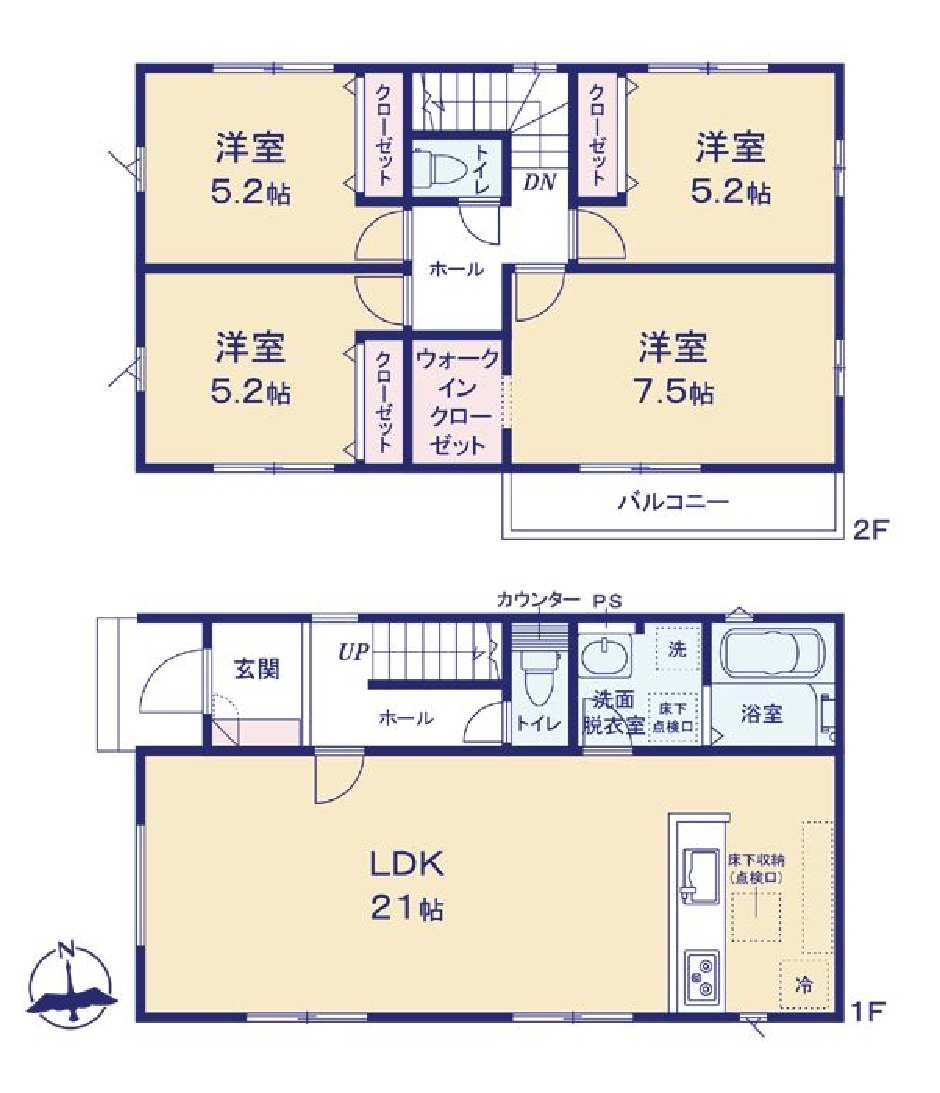 新築　前橋市北代田町2期　1号棟の間取り|建物面積102.68㎡　広々21帖のLDK♪ウォークインクローゼット・各部屋収納付きで便利です！日当たりの良いバルコニーはお洗濯物もよく乾きそうです◎
						
