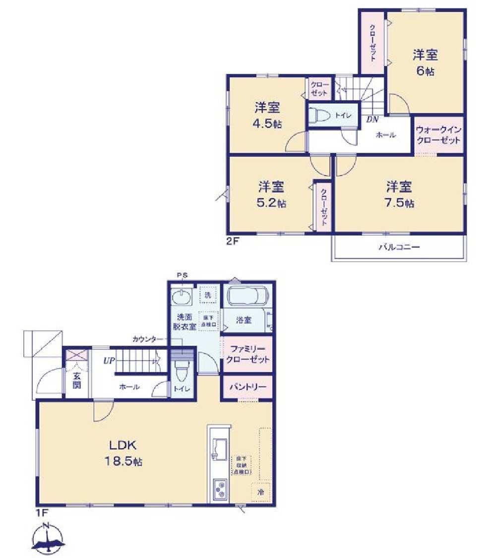 新築　前橋市北代田町2期　2号棟の間取り|建物面積102.68㎡　広々18.5帖のLDK♪ファミリークローク・パントリ―・ウォークインクローゼット・各部屋収納付きで便利です！日当たりの良いバルコニーはお洗濯物もよく乾きそうです
						
