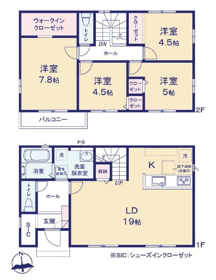 新築　前橋市北代田町2期　3号棟の間取り|建物面積102.68㎡　広々19帖のLDK♪シューズインクローク・ウォークインクローゼット・各部屋収納付きで便利です！日当たりの良いバルコニーはお洗濯物もよく乾きそうです◎
						
