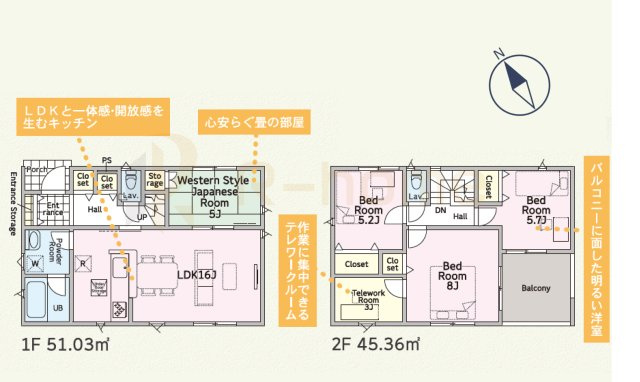 石岡市鹿の子第1　新築戸建て　2号棟の間取り|4LDK＋テレワークルーム、土地面積163.02ｍ2、建物面積96.39ｍ2