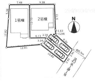 【区画図】 | 世田谷区砧7丁目  1号棟 | 1号棟　旗竿地（間口約2.9ｍ）　南東側約5.9ｍ公道　駐車2台（車種によります）　敷地面積52.9坪（路地状部分含む）
