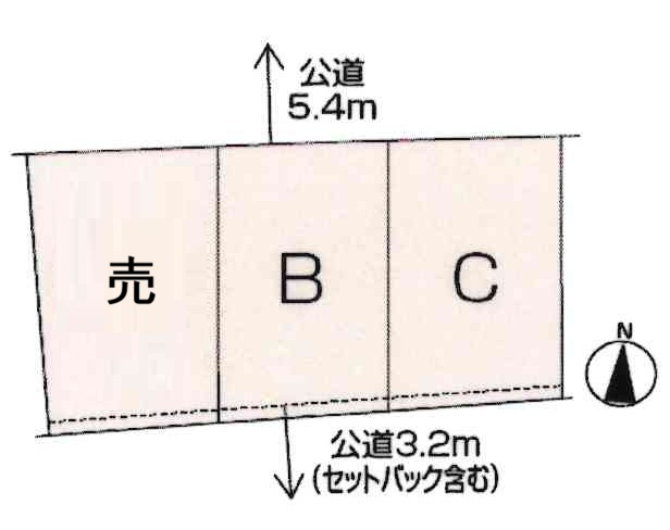 小牧市大字北外山　新築戸建　B棟の区画図|南北両面道路・陽当たり良好。
駐車場並列３台可（車種による）