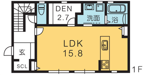 高知市新屋敷(建築条件付き)売土地の参考プラン|15.8帖LDK＋DEN付き。多目的に使える1階プラン