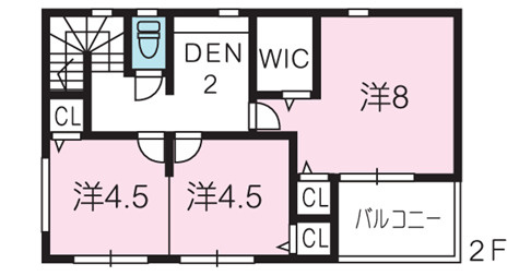 高知市新屋敷(建築条件付き)売土地の参考プラン|洋室3部屋＋DEN＋WIC。家族で使いやすい2階プラン