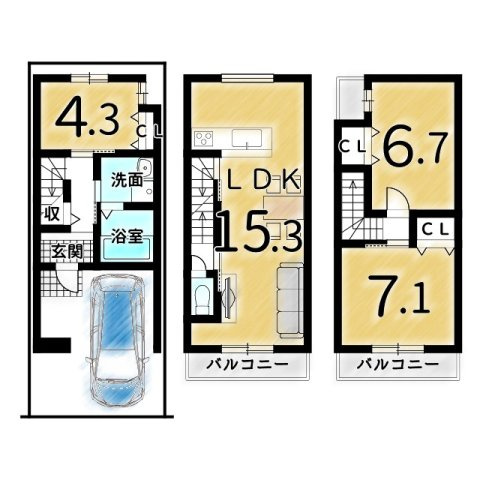 横大路下三栖山殿　建築条件付土地の土地図＋建物プラン例