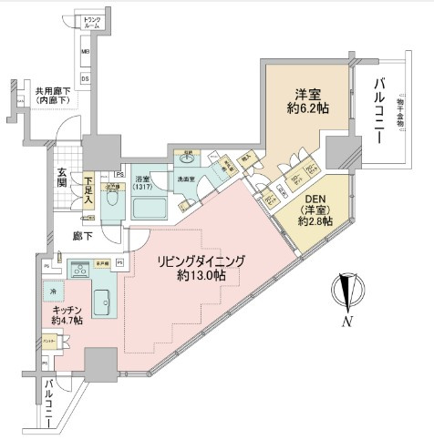 ブリリアタワー上野池之端の間取り|1SLDK　S₌DEN(約2.8帖)書斎としてお使いになれます。
専有面積 62.53㎡ ※トランクルーム　0.59㎡含む