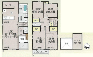 【間取り】 | 世田谷区喜多見3丁目 A号棟 | 太陽光パネル　都市ガス　リビング及びダイニングに床暖房　掃き出し窓シャッター付　食洗器・浄水器　浴室乾燥機+窓　ロフト　吹抜　LDK18.3帖（パントリー含む）