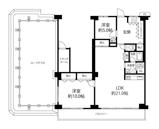 【間取り】 | ジャルダン東淀川 | 上層階・南西角部屋・専有面積広々約９３㎡・ルーフテラス付・ＬＤＫ約２１帖・トランクルーム付