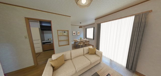 明石市大久保町大窪 戸建の居間・リビング|【LDK】食事スペースと団らんスペースを緩やかにゾーニング可能。コミュニケーションを保ちながら、各々の時間をお過ごしいただけます。※CG加工された画像のため、実際とは異なる場合がございます。