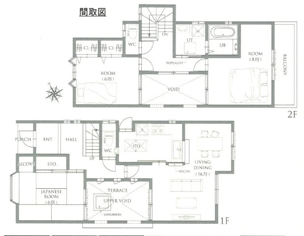 明石市大久保町大窪 戸建の間取り|住まいの中心にテラスが配された、室内を心地よい風が通り抜ける住まい。全居室6帖以上の広さで、ご家族団らん時間もプライベート時間もゆったりとお過ごしいただけます。