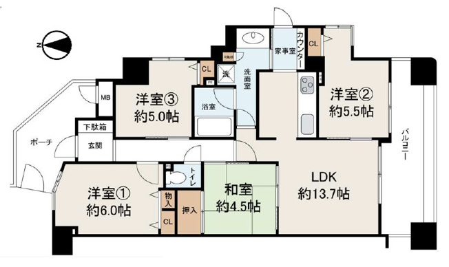 【間取り】 | エンゼルクレッセ平野 | 三方角住戸4LDK！玄関ポーチ付き♪南向きバルコニー☆床暖房完備☆家事の動線確保2WAYキッチン♪キッチンサイドに家事室あり♪現況、床暖房・食洗機・浴室乾燥機完備です☆