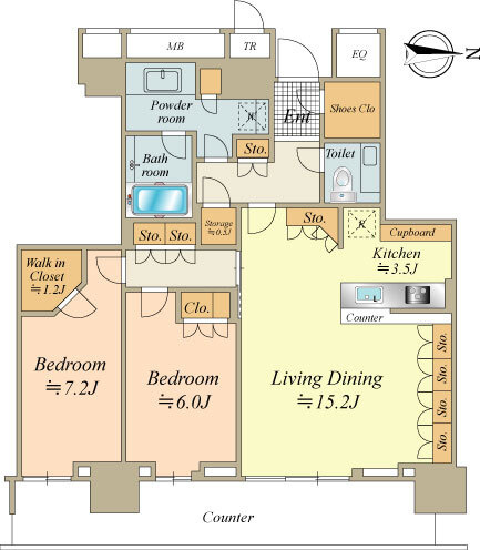 東向き、晴海運河を望むリバービュー住戸
新築時オプションで玄関にエコカラット・姿見鏡、リビングに造作棚を追加した住戸です。