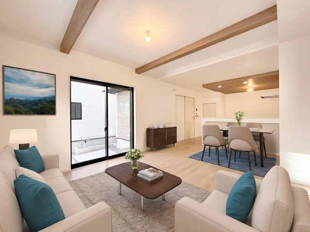 草加市両新田西町　新築分譲住宅　全３邸の居間・リビング|【リビングダイニング】２面採光、明るいリビング♪暖かな光が射し込む、広々リビングダイニング　※写真は施工例です