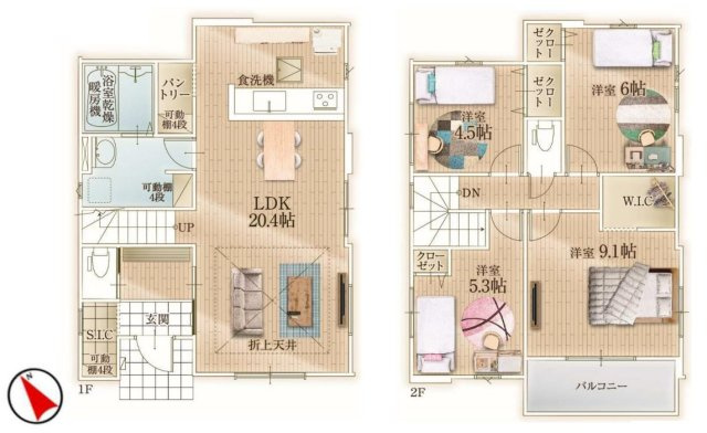 三郷市戸ケ崎1丁目　新築戸建　全4棟　2号棟の間取り|リビング広々20帖！コミュニケーションの取れるリビングイン階段