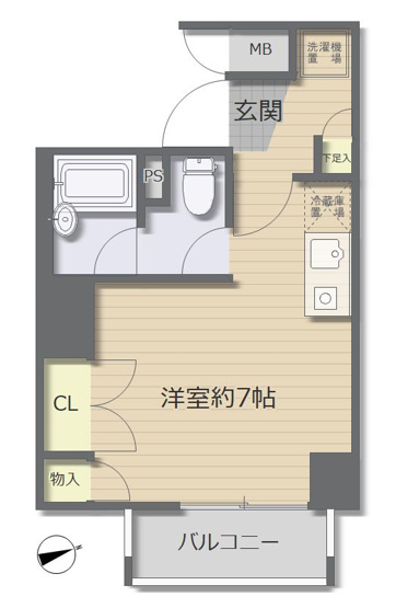 【間取り】 | グランフォース五反田 | 2階角部屋の使い勝手の良い1K、角部屋で落ち着いて暮らせます