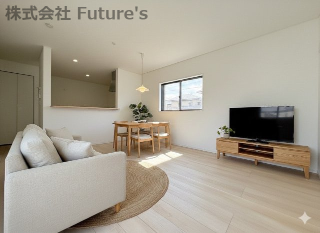 三郷市彦成1丁目　新築戸建　全1棟の居間・リビング|明るい配色のリビングは、団らんの空間にピッタリですね！