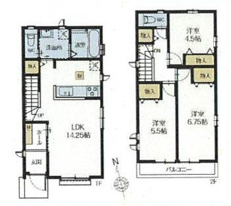 【間取り】 | 狛江市中和泉5丁目 B号棟 | 都市ガス　二部屋から行き来できる南向きバルコニー　1階掃き出し窓シャッター付　食洗器・浄水器　浴室乾燥機+窓　全居室収納　リビング収納　LDK14.2帖