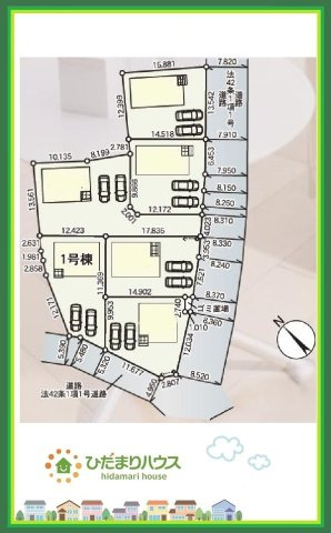 那珂市瓜連第14　新築戸建　1号棟の区画図|時間がない時もらくらくと車の出し入れができる並列駐車場を完備！！