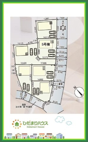 那珂市瓜連第14　新築戸建　5号棟の区画図|カースペース２台ＯＫ！前面道路も幅が広いため車庫入れも安心です(^^)/