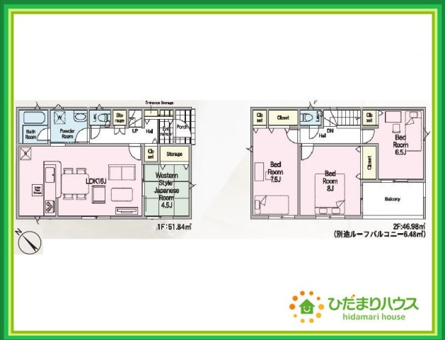 那珂市瓜連第14　新築戸建　6号棟の間取り|リビングには和室が隣接し、お子様の遊び場や家事スペースにも大活躍です☆