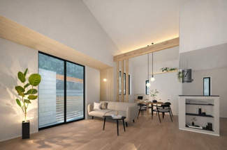 【居間・リビング】 | 城陽市寺田深谷　新築戸建 | キッチンの床にはフロアタイルを採用し、デザイン性と日々のお手入れのしやすさを両立。上品かつ機能的なキッチンです。