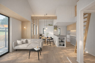 【居間・リビング】 | 城陽市寺田深谷　新築戸建 | ソファ周辺の壁・天井にはランダムピッチの羽目板を施しました。壁から天井へと続く木目が、空間をより開放的に見せてくれます。このお家の主役となるような、目を引く素材感です。